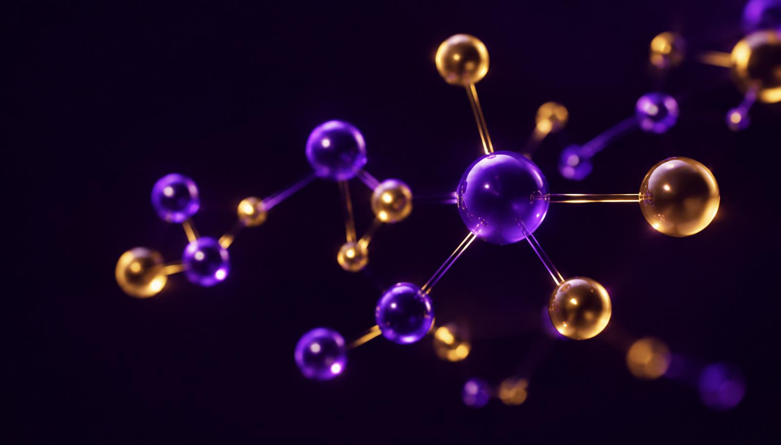 Abstract molecular structure in violet and gold