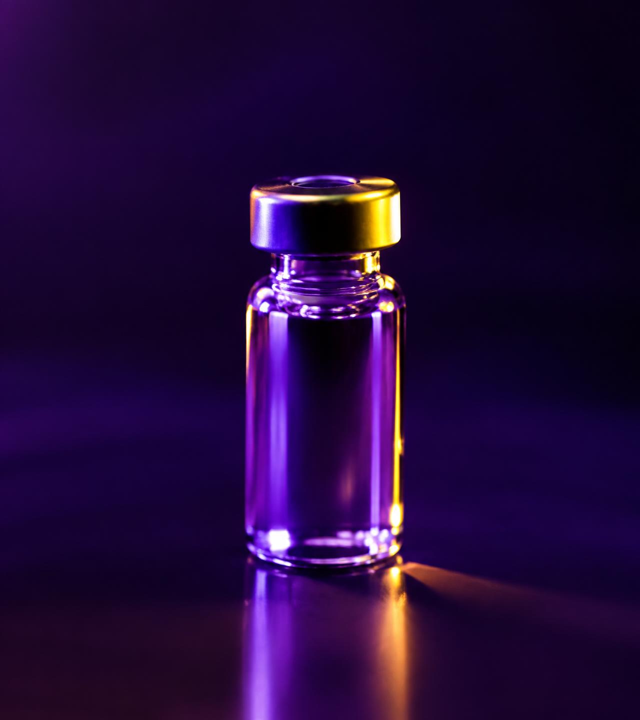 Research vial with violet and gold lighting